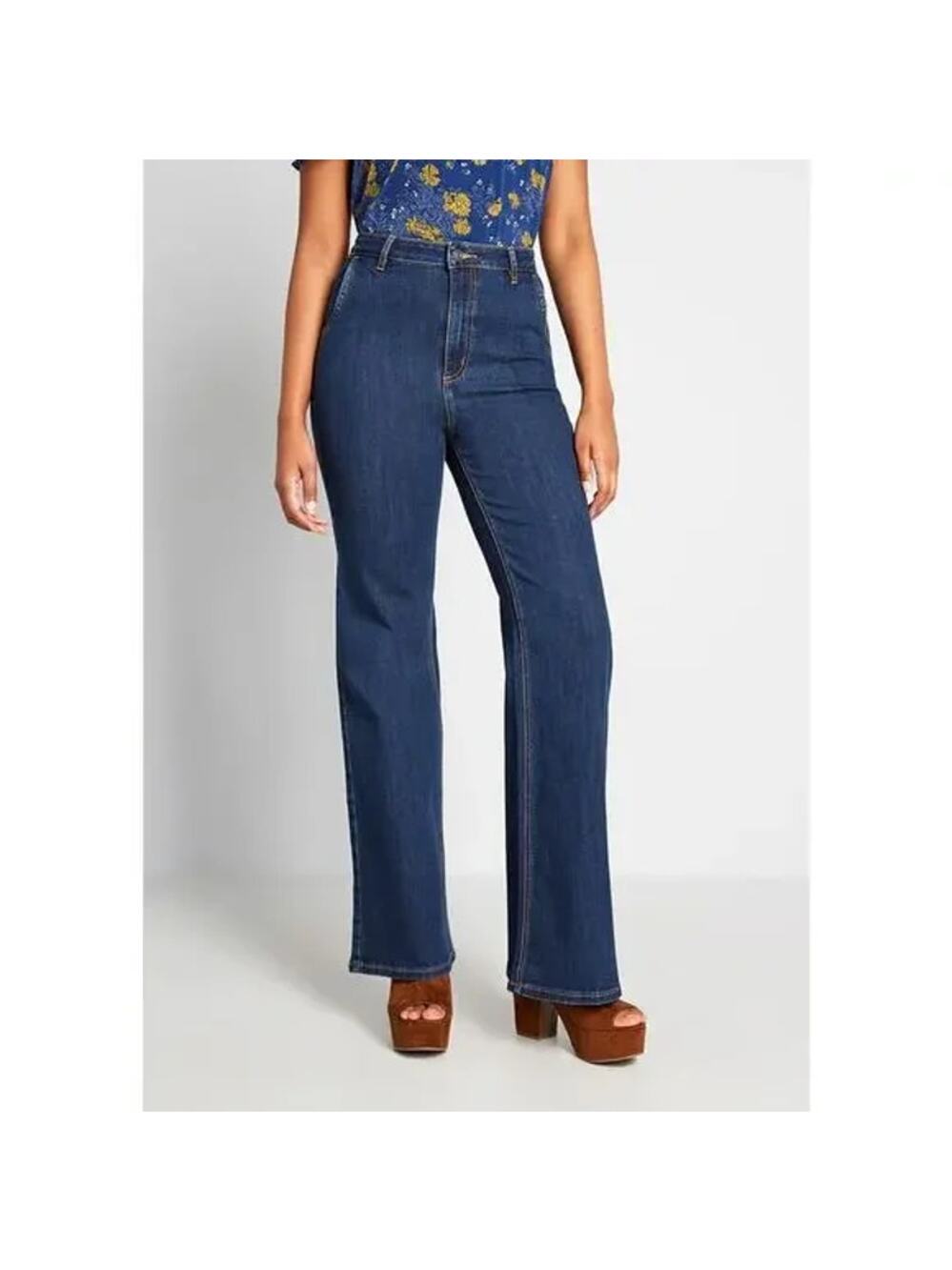 ModCloth Dark Wash Blue Denim 70s The Grier Wide Leg Jeans Women's Size 8